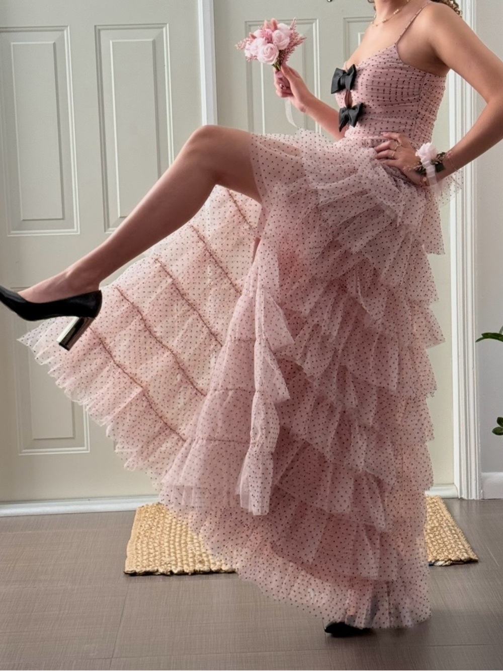 PROM Dress- Romantic Pink Tiered Tulle Maxi Dress with Black Bow Accents